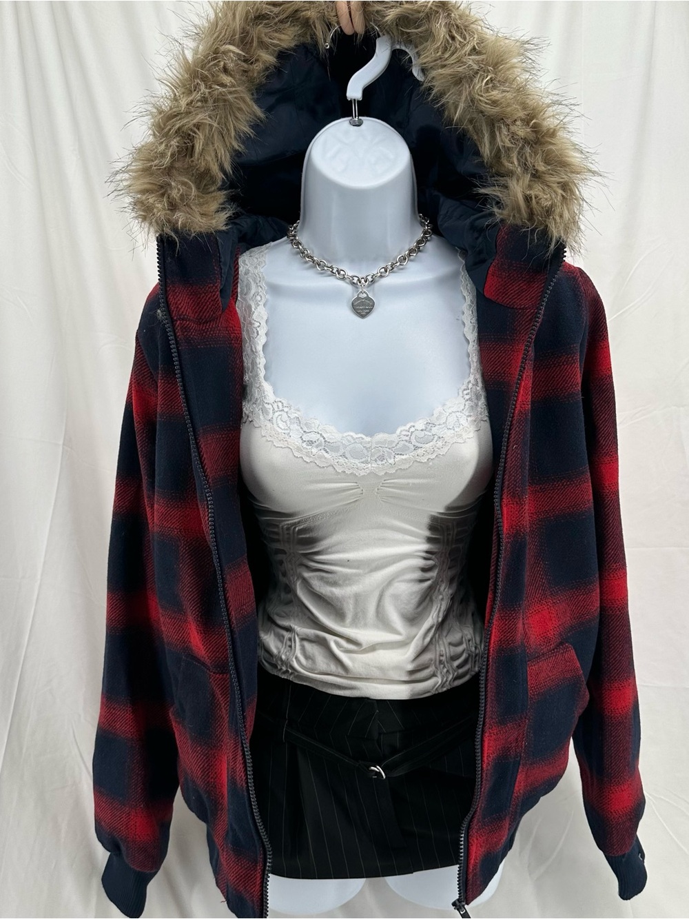 Plus Size Y2K Bella Swan Core Mossimo Fur Hood Plaid Jacket